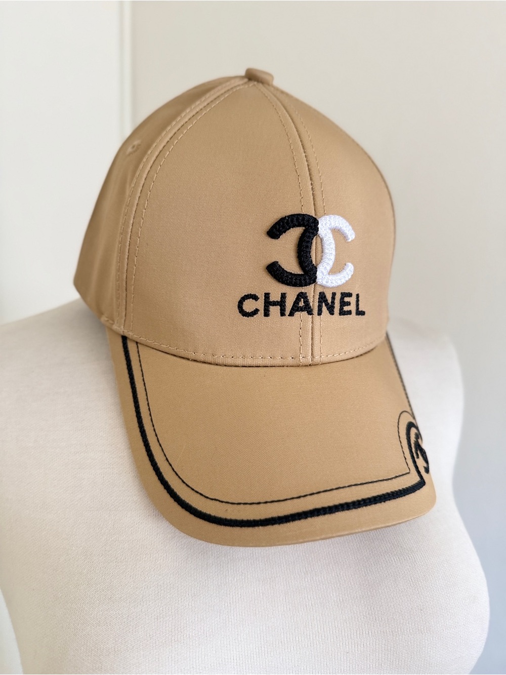 CHANEL Tan Baseball Cap with Black & White CC Logo
